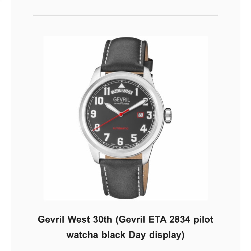 Gevril Mens West 30th St 44600 ETA 2834 Swiss Automatic Leather Day Date Watch